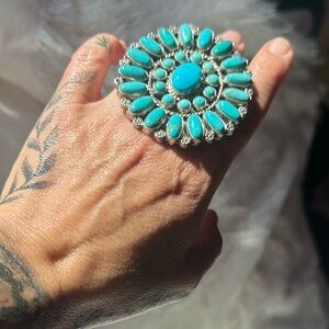 Museum-Scale C.Yazzie Navajo Turquoise Cluster Ring/62G Sterling Silver